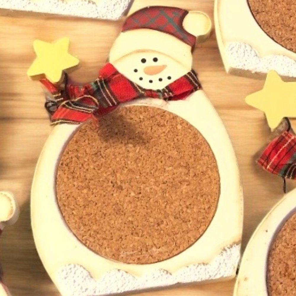 6 Wooden SNOWMAN COASTERS w/ 3D Stand Winter Holiday Christmas Festive Adorable